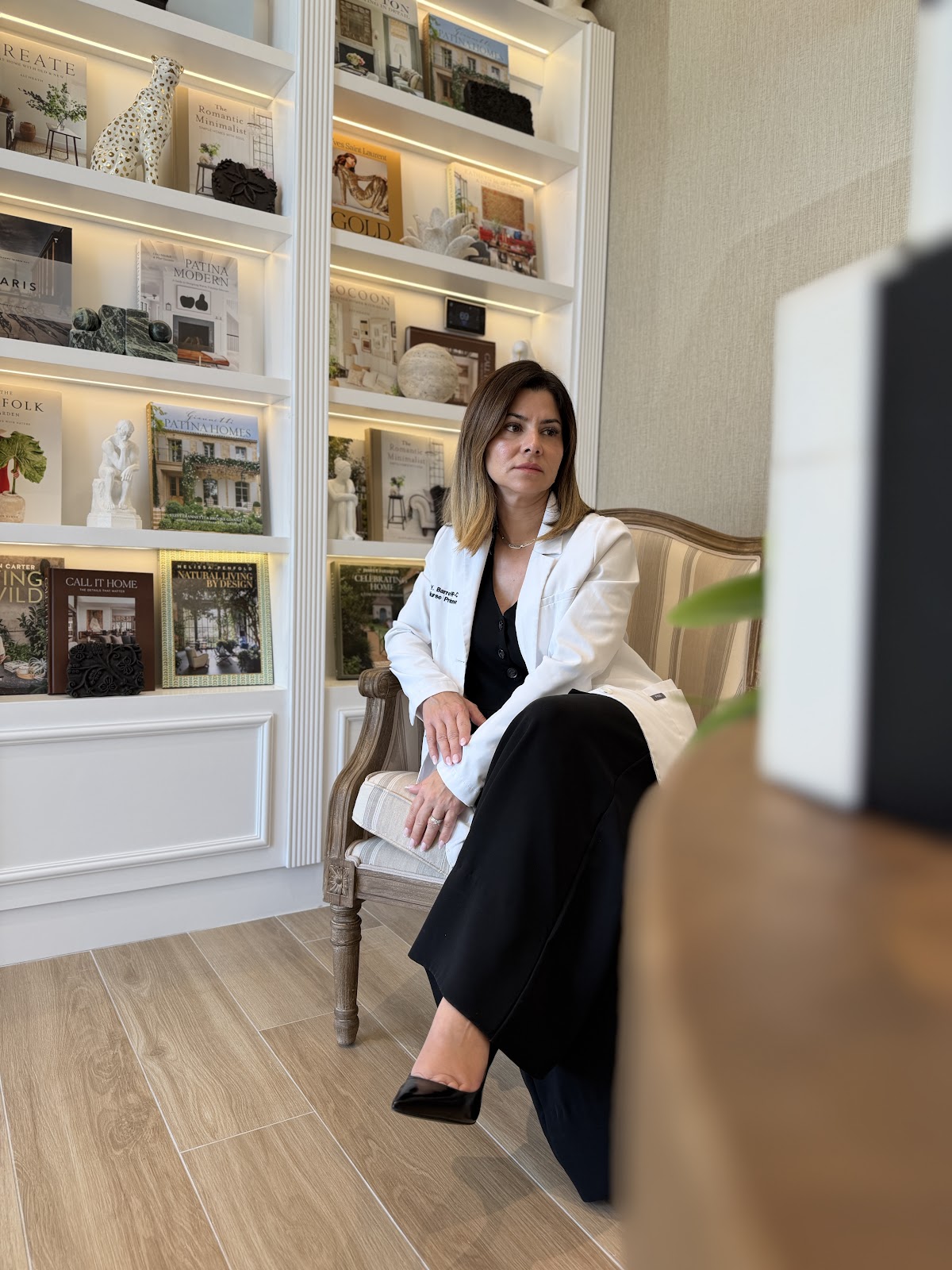 A warm, considered detail of the Elevated Beauty Medspa space in Miami Lakes
